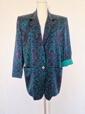 Vintage Linda for Allard Ellen Tracy Silk Paisley Tailored Relax Blazer Green